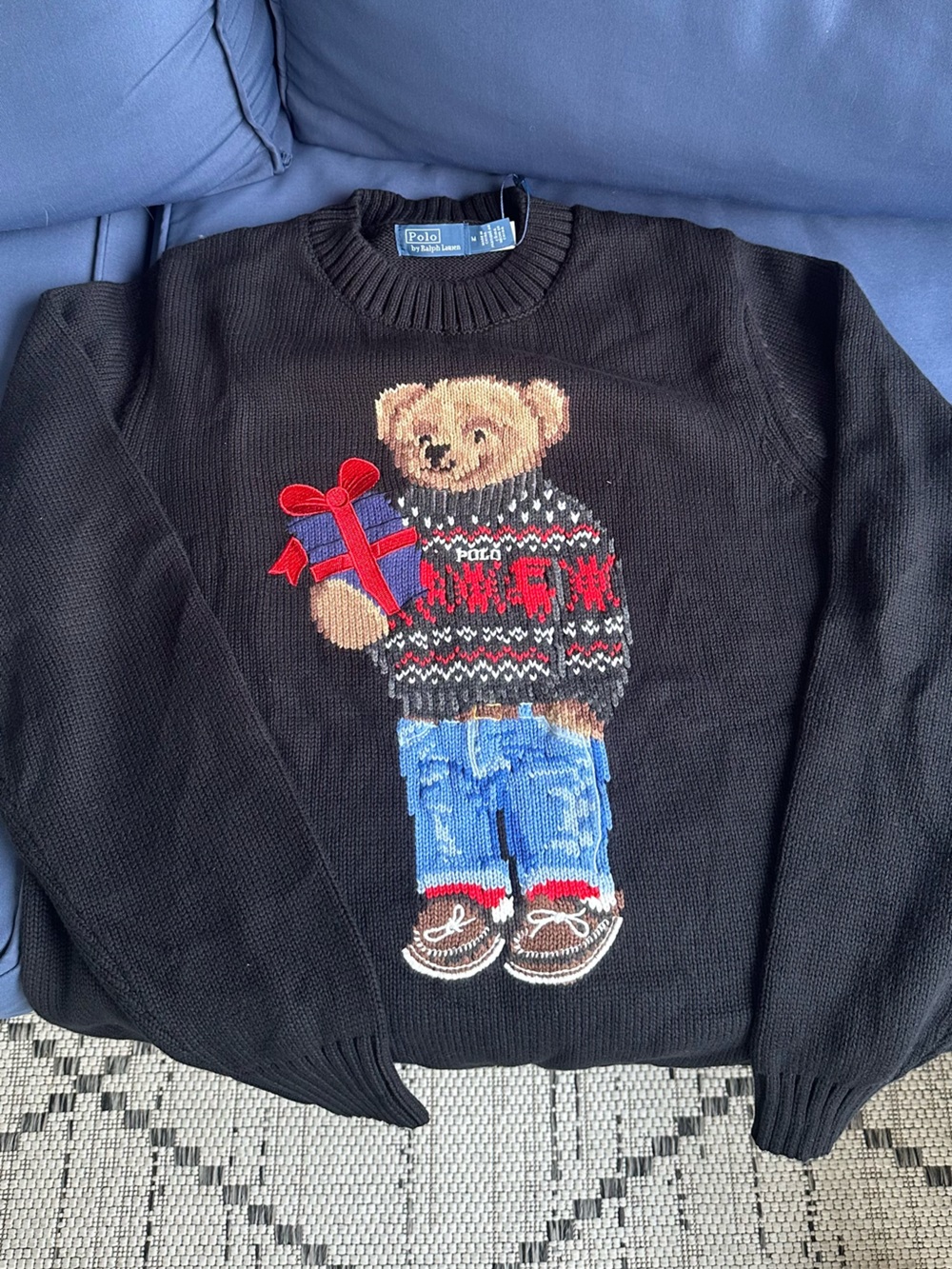 Polo by Ralph Lauren Black Bear Knit Crewneck Sweater with Red Gift Detail